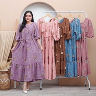 Dress Crinkle Embos Motif Bunga Pompom Midi Dress Wanita Dewasa