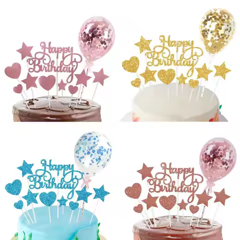 Happy Birthday Cake Toppers DIY Confetti Balloon Cake Decor Star Heart Cupcake Flag for Birthday Par