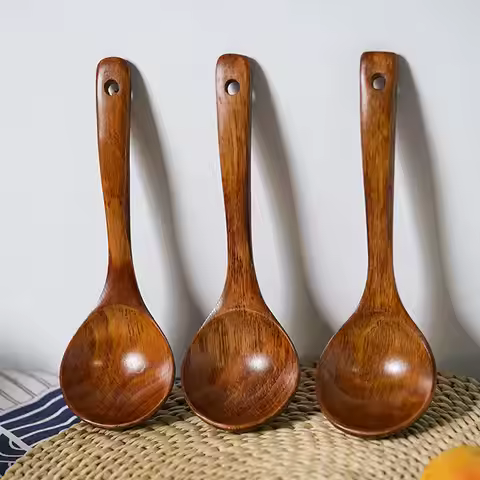 Wood Soup Spoon Long Handle Rice Colander Sugar Salt Spoon Skimmer Teaspoon Natural Wood Kitchen Coo