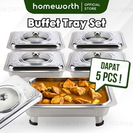 HOMEWORTH 5 Pcs Set Stainless Steel Four-Leg Stove Buffet Square Stove with Transparent Glass Cover