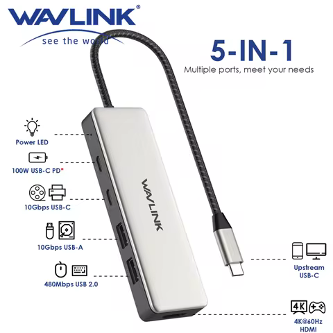 WAVLINK USB C 10Gbps Hub 5-In-1 Multiport Connection Adapter with 85W Power Delivery For MacBook Air