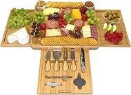 Bam & Boo - Natural Bamboo Charcuterie Board, Cheese Knife, Ceramic Plate 10-Piece Set For Food & Dr
