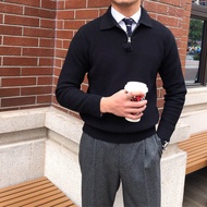 Mr. Lusan Fall and Winter Lapels Zipper Waffle Knit Casual Sweater British Fashion Long Sleeve Polo 