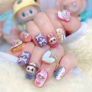 【With Glue】Ready Stock Female Mid-length Fake Nail Labubu and Bowknot Decor Artificial Nail for Wome