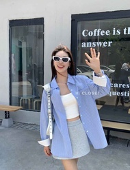 เสื้อเชิ้ต lll Freesize lll CT011 เสื้อเชิ้ตคอปก กระดุมหน้า แขนยาว ลายทาง เนื้อผ้าคอตตอลTC ผ้าดี ใส่