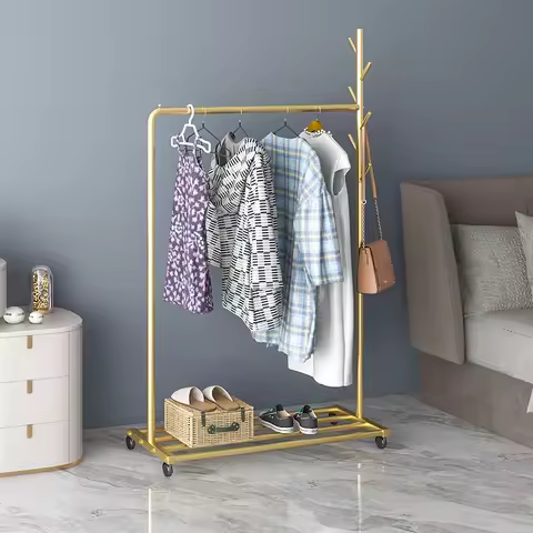 Low Profile Movable Clothes Racks Glod Indoor Japandi Design Clothing Rack Bedroom Hotel Modern Perc