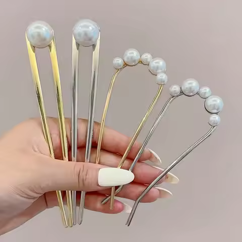 Korean Metal U Shaped Pearl Hair Stick for Women Elegant Imitation Pearl Hair Clips Pins Bun Maker H