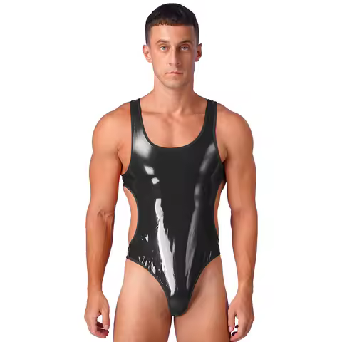 Mens Lingerie Wet Look Patent Leather Bodysuit Open Back U Neck Sleeveless Jumpsuit Lingerie One-Pie