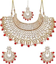 Traditional Kundan Gold-Plated Wedding Red Pearl Choker Jewellery Set