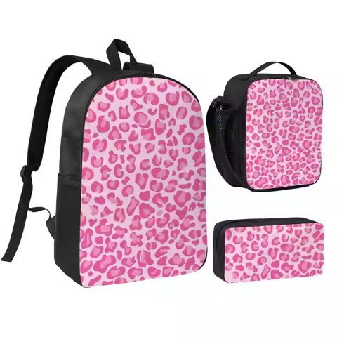 Pink Leopard Print Backpack Boys Girls BookBag School Bag Shoulder Bags 3ps Insulated Lunch Bag Penc