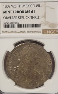 NGC 錯體 ms61  1807-Mo TH年墨西哥雙柱壹圓銀幣 8R  (難得錯體）