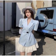 [HCM][ẢNH THẬT] Set Áo Vest Xanh Gài Belt Phối Chân Váy Trắng