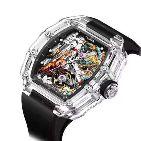Haofa Transparent 3D Dragon Horse Mechanical Watch for Men Automatic Hollow Wristwatch Crystal Lumin