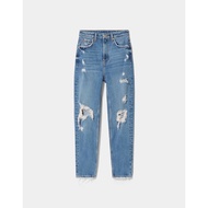 BERSHKA BLUE RIPPED MOM DENIM JEANS