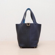 HERMES(愛馬仕) Picotin 18 菜籃子 89黑色拼2Z午夜藍拼0F弗羅裏達藍 TC皮 Y刻 金扣