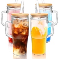 24oz Mason Jar dengan Pemegang-Tumbler Kaca dengan Penutup dan Jerami Mulut Lebar Gelas Minum Boleh 