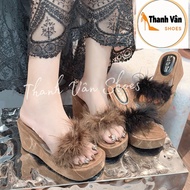 Bread sandals with fur straps, brown sole, 3 colors (D0367)