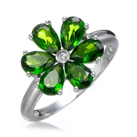 BOSEOK 4x6mm Chrome diopside Rhodium Over Sterling Silver Ring 2.32ctw