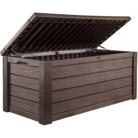 Keter Westwood 150 Gallon Deck Box Organizer, Large Resin Outdoor Storage and Seating with Lockable 