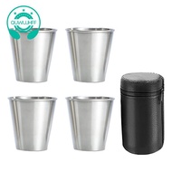 Stainless Steel Shot Cups, Set of 4 Cups, Metal Shot Glasses, Stackable, Hip Flask Small with Leathe