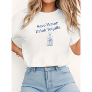 Save Water Drink Tequila Graphic Print Women's T-Shirt - White with Blue Lettering, Casual Short Sle