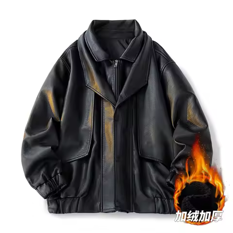 Bomber Coat Men's Leather Jacket with Thick Velvet and Casual Jacket Trend Slim New Leather Jacket P