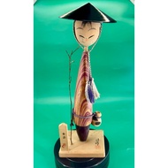Tall Japanese kokeshi fisherman, table decor, Preloved