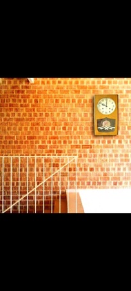 極美 富士山貼花 美麗木紋 日本30日 木箱發條報時 古董時鐘