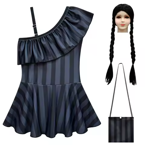 Girls Cosplay Costume Wednesday Addams Family Addams Kids Swimsuit lapel One-piece Swimsuit Summer C