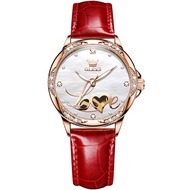 OLEVS 6613 Women Mechanical Fashion Watch Gift Round-dial Genuine Leather Watchband Wristwatch
