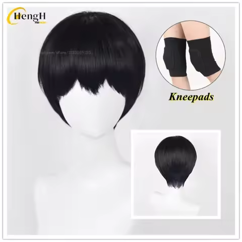 Anime Kageyama Tobio Synthetic Wig Short 28cm Black Cosplay Wig With Kneepads Heat Resistant Hair Ha