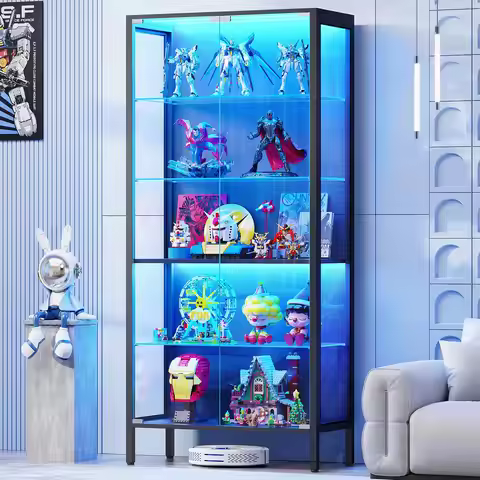 Glass Display Cabinet, 5-Tier Display Case with Adjustable Glass Shelves, Metal Curio Cabinet with 3