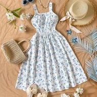 Teen Girls' Pastel Floral Sundress: Square Neck, Adjustable Spaghetti Straps, Ruched Bodice, Flowy M