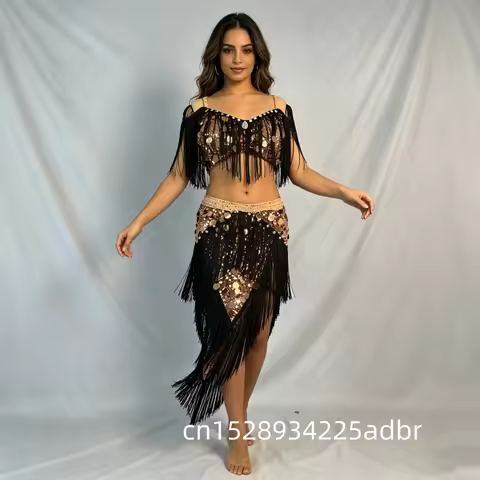 Belly Dance Outfit Custom Sequin Tassel Set for Adult and Children's Drum Solo Pop Song Performance 