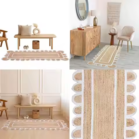 Natural Jute Scalloped Runner Rug, 2x6 Feet, Off-White Trim