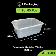 [50 Pcs] AB1500 CLEAR PLASTIC CONTAINER with Transparent Lids Rectangular Disposable 1500ml T1500/A1
