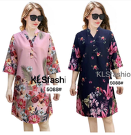 Bangkok Floral 3/4 Sleeves V Neck Bohemian Style Casual Cotton Dress Chinese Collar Straight Dress