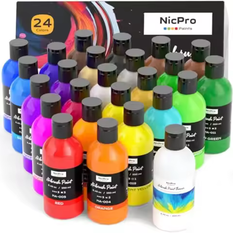 24 Colors Airbrush Paint 8.45 oz, 250 ml with 1 Thinner, Large Bulk Ready to Spray Airbrush Paint Se