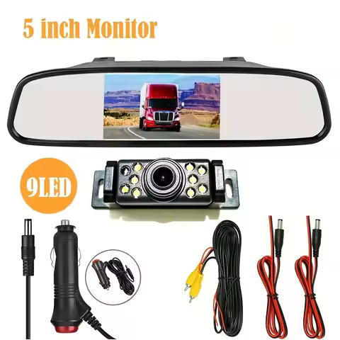 Bileeko 5" Mirror Monitor Wired Backup Camera - 9LED Rear View System For Car