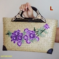 L กระเป๋ากระจูดสาน ปากกว้าง14×สูง8 นิ้ว หูไม้แกะสลัก บุผ้า+ซิบ+2ช่องเหรียญ ปักดอกไม้ ขนาด L : mintnaturebag LMD