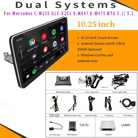 Wireless Android Auto Apple CarPlay Navigation Mirror Screen for Mercedes C W205 GLC X253 V W447 X W