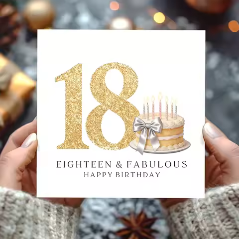 18Th Birthday Card with Envelope - White Square Greeting Card Set, Gold Glitter "18Th Birthday" & Ca