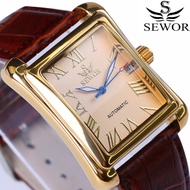 New SEWOR Top Brand Luxury Rectangular Men Watches Automatic Mechanical Watch Roman Display Antique Clock Relogio Wrist Watch