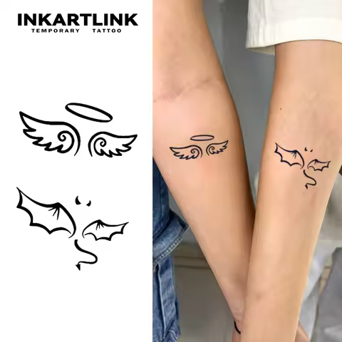 INKARTLINK Angel Devil Tattoo Patch Set 1-2 Weeks Long lasting Black and White Wings Symmetrical Des