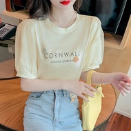 100% Cotton Half-Sleeved t-Shirt Women's Summer 2023 Puff Sleeve Three-Dimensional Flower Lace Korean Version Top