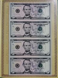 WC34 美國2009年5美元4連體鈔 帶冊子 豹子頭999 全新無折 外鈔 外國鈔票