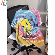 Plus-size tie-dye T-shirt featuring Tweety Bird and letter patterns, casual crew neck, short sleeves