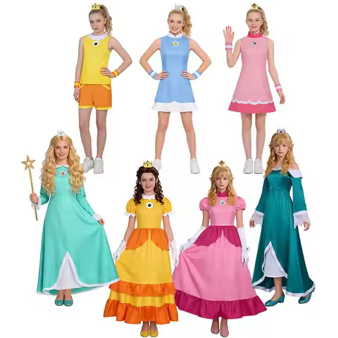 Princess Peach Cosplay Costume Daisy Blue Peach Pink Dress Adult Children Rosalina Dress Crown Hallo