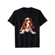 Cotton Single-Sided Printed Round Collar Short-Sleeved T-Shirt Basset Hound Glasses T-Shirt