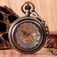 Antique Style Half Hunter Mechanical Hand Wind Skeleton Pocket Watch Roman Numbers FOB Chain